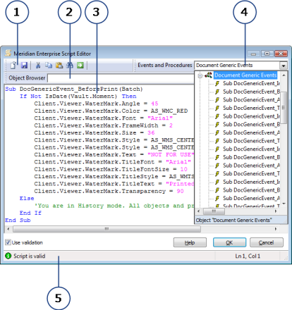 A screen shot of the script editor with five labels pointing to different parts of the editor. The description of the parts is in the table below.