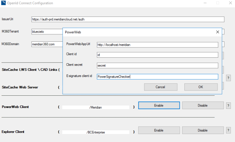 OpenId Connect Configuration window, with the PowerWeb dialog open showing the following fields: PowerWeb App Url, Client Id, Client secret, E-signature client Id.