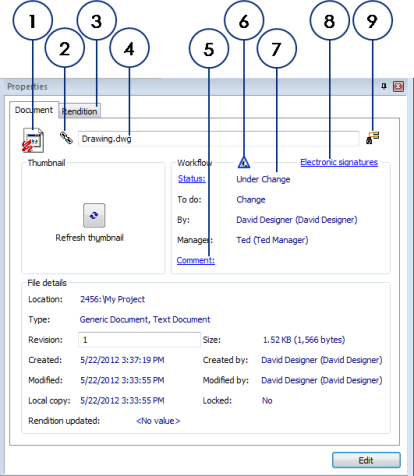 A screen shot of the Document property page in PowerUser, with numbers pointing to parts of the property page.