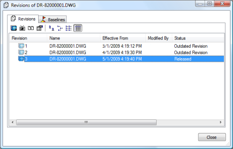 The Revisions window, where the prior revisions of a CAD document are being viewed in a list.