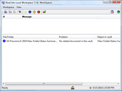 A screen shot of the Local Workspace dialog. A conflict is listed in the lower half of the dialog.