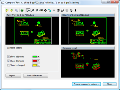 A screen shot of the Compare window, where two revisions of a .dwg drawing are being compared.