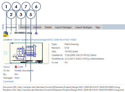 A screen shot of the Document property page in PowerWeb, with numbers pointing to parts of the property page.