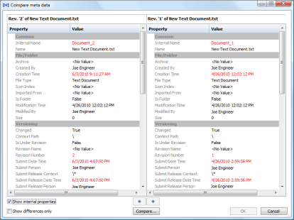 A screen shot of the Compare meta data window, where the metadata changes between revisions can be viewed.