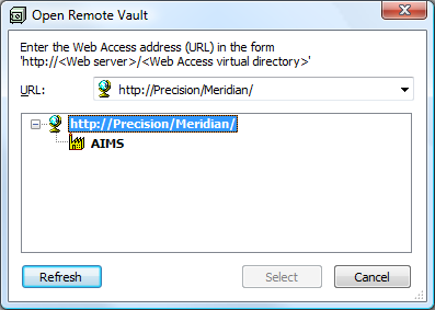 A screen shot of the Open Remote Vault window. The selected item in the window has auto-populated into the URL field.