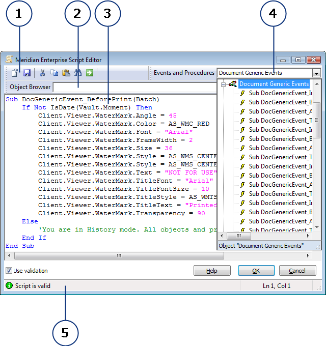 A screen shot of the script editor with five labels pointing to different parts of the editor. A description of each part is in the table below.