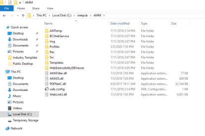 This screen capture depicts the contents of the C:\inetpub\AMM folder.