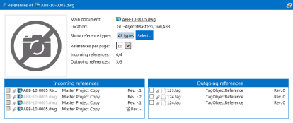 A screen shot of the References page. Basic data about the document appears at the top of the page. The incoming and outgoing references are displayed in separate panels.